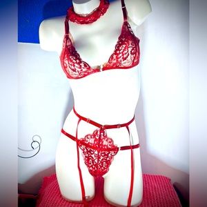 3 PC NWOT Strappy Lace Burgundy Red Garter Panty & Matching Soft Bra Set Small